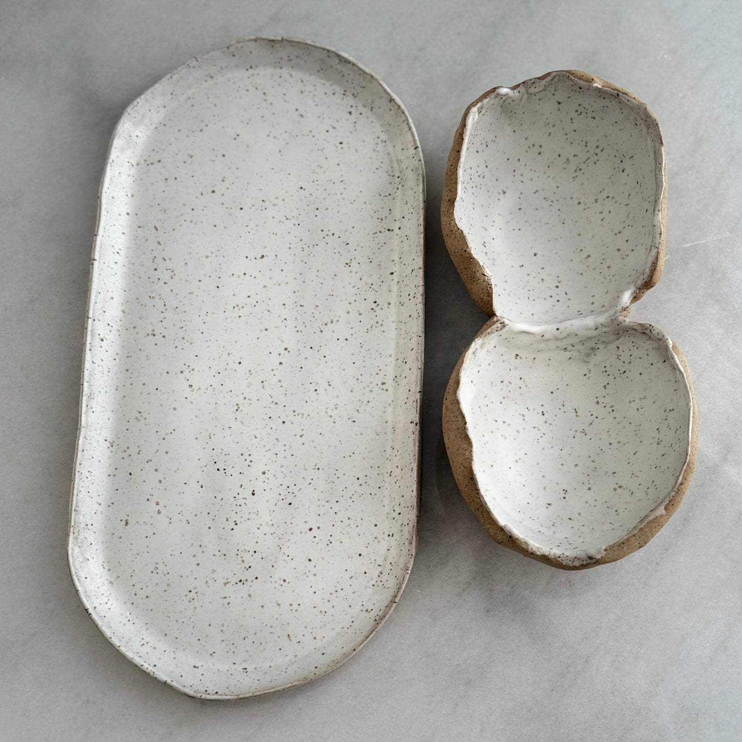 Handmade Speckled Alabaster Serving Set (Serving Plate + Double Bowl)