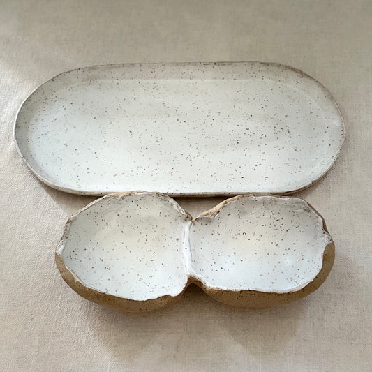 Handmade Speckled Alabaster Serving Set (Serving Plate + Double Bowl)